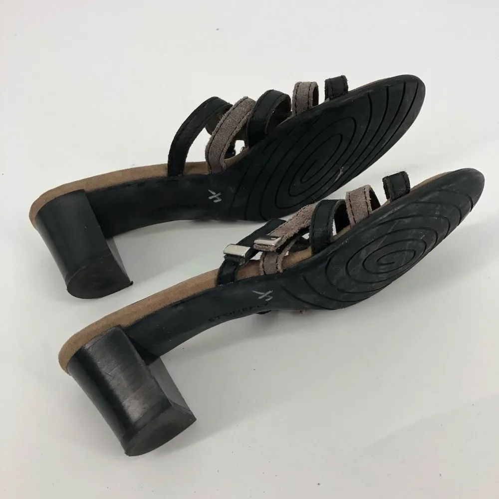 Stonefly Heeled Sandals‎ Womens 38 Black Cream Strappy Leather Slip On Open Back
